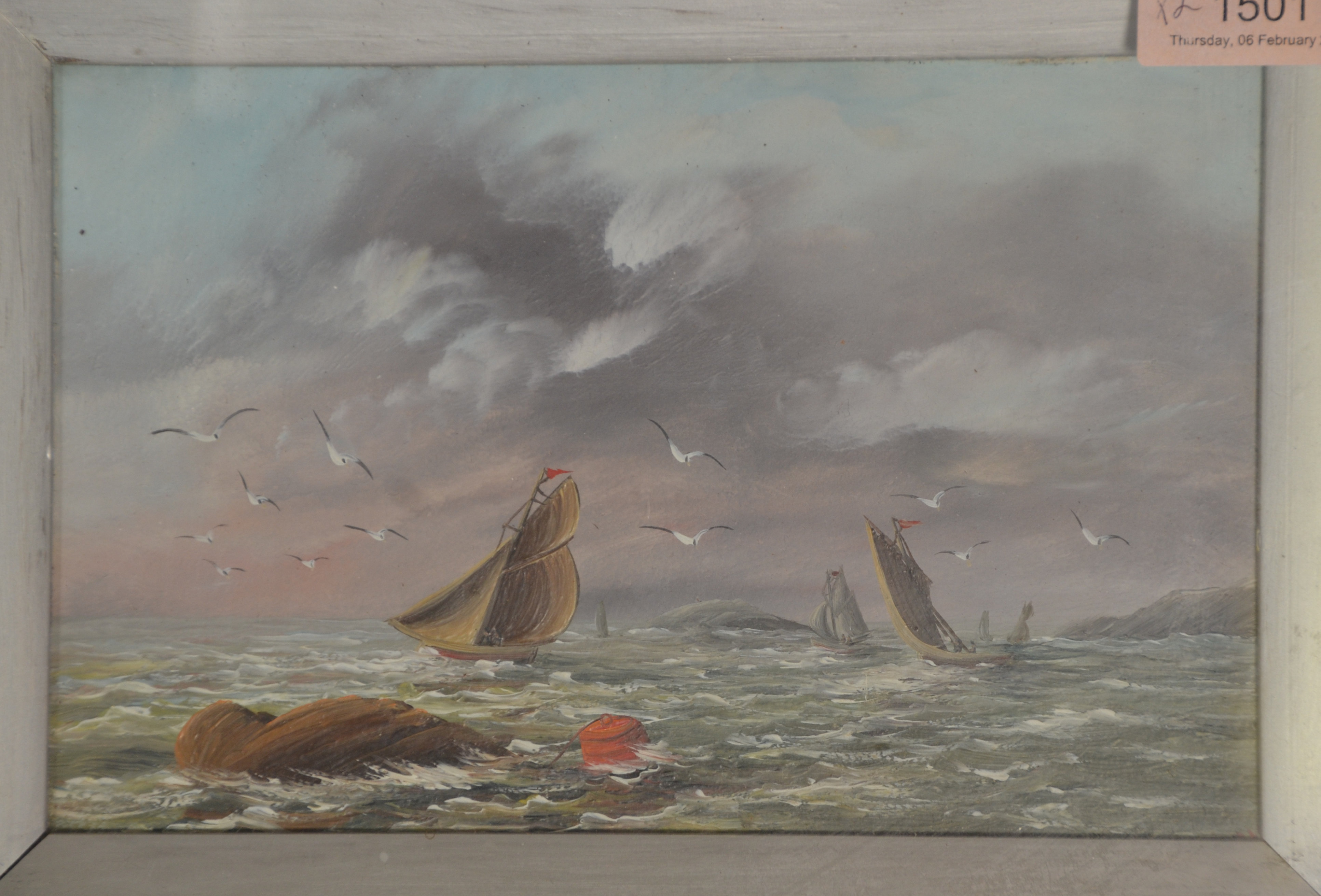 Two 20th Century framed and glazed oil on board paintings one depicting multiple boats at full - Image 2 of 6