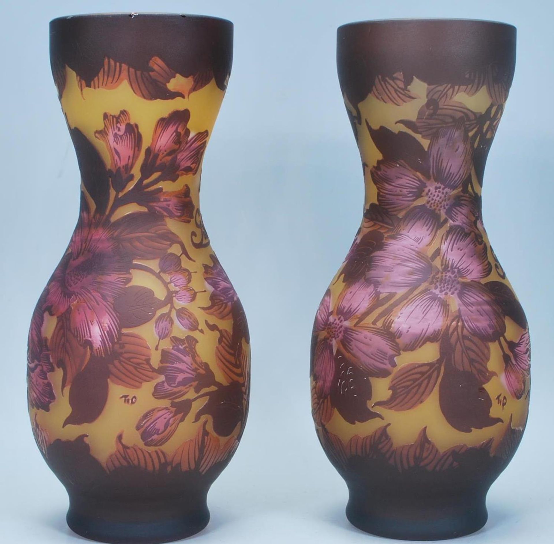A pair of Galle tip Art Nouveau style cameo glass vases of waisted form each having a yellow - Image 2 of 6