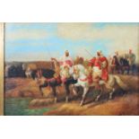 Antonia. A 20th Century oil on board painting. Depicts two figures on horseback at the side of a