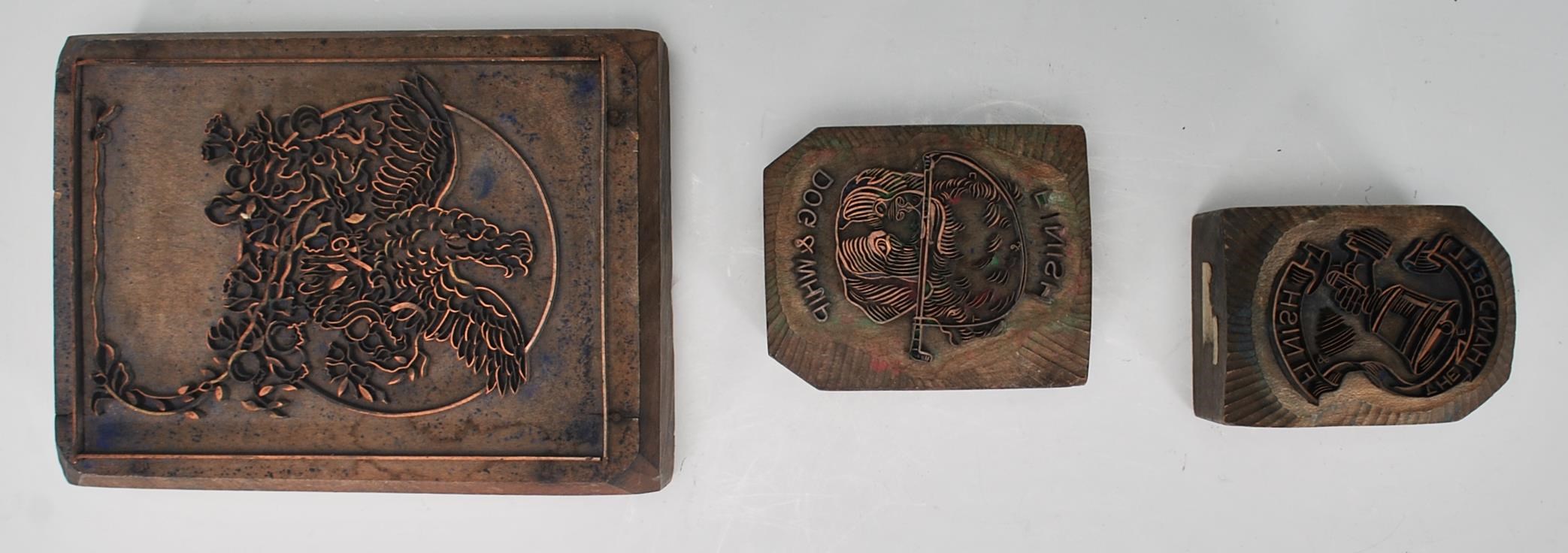 A group of three 20th Century wooden printing blocks one depicting a bird in flight, one reading ' - Image 4 of 6