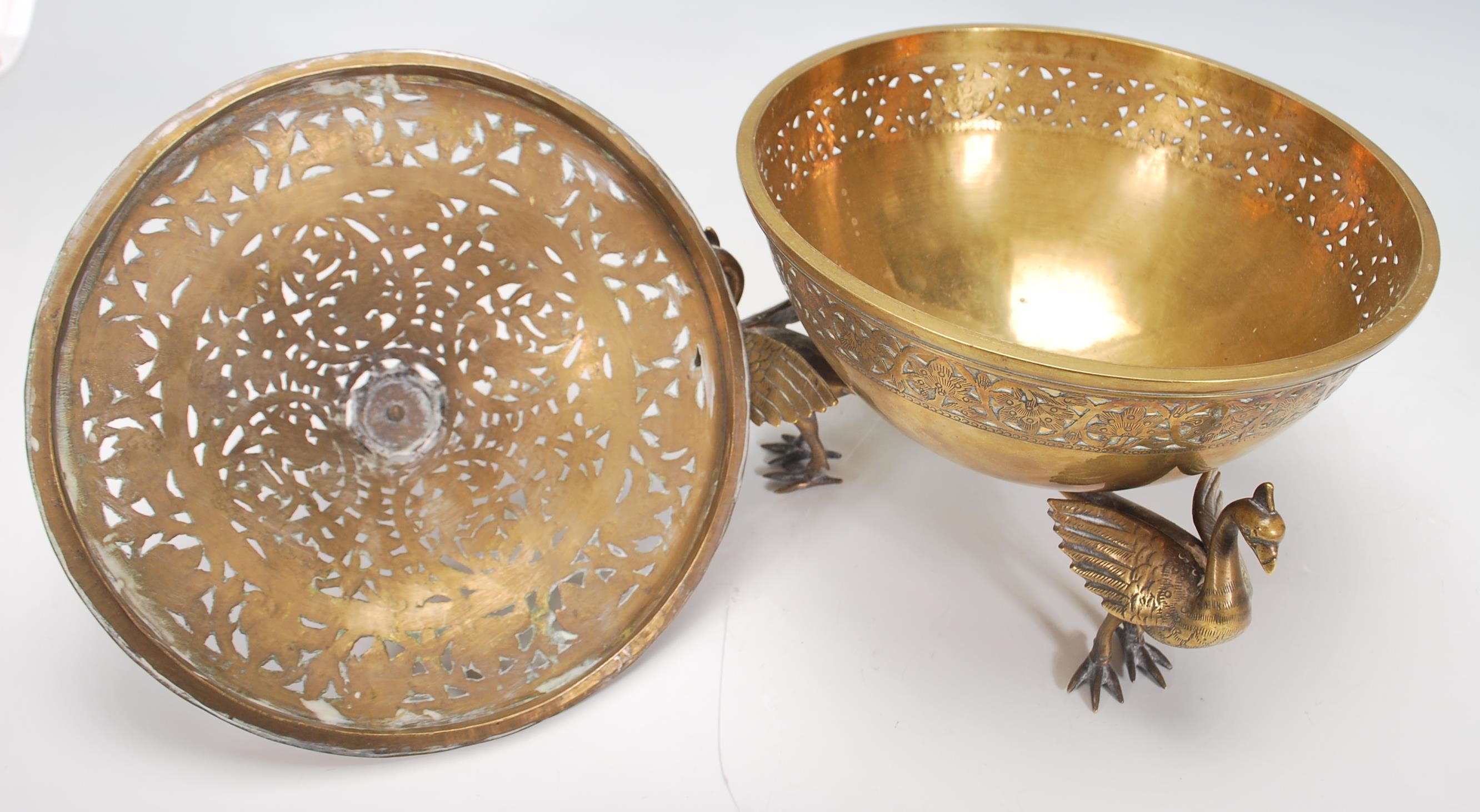 A 20th Century Indian brass centrepiece lidded bowl raised on three modelled peacocks with spread - Image 6 of 7