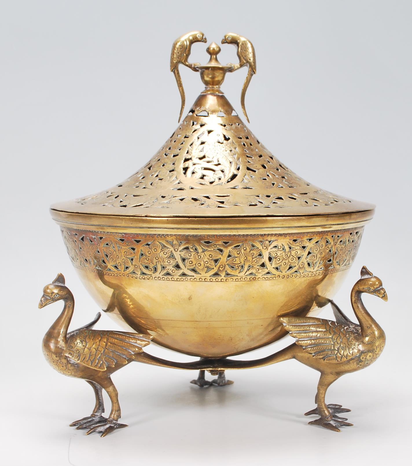 A 20th Century Indian brass centrepiece lidded bowl raised on three modelled peacocks with spread - Image 3 of 7