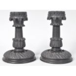 PAIR 19TH CENTURY IRISH BOG OAK FERMANAGH CASTLE CANDLESTICKS