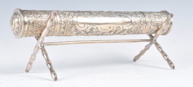 RARE ANGLO INDIAN SILVER SCROLL HOLDER ON WHITE METAL STAND
