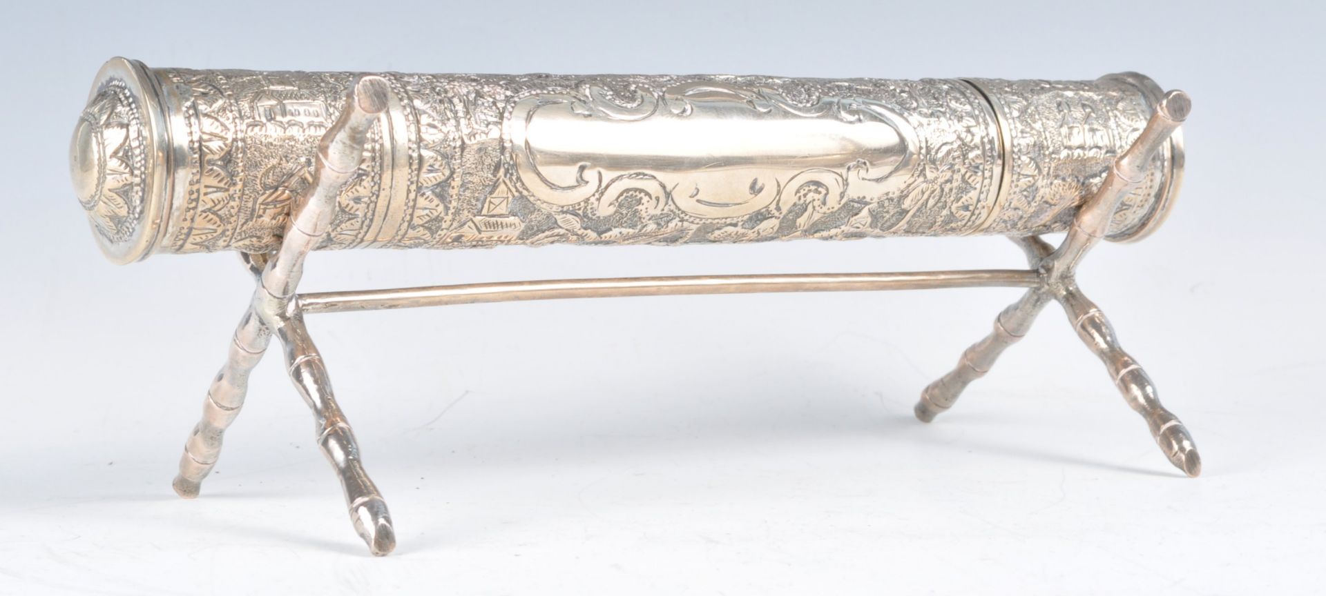 RARE ANGLO INDIAN SILVER SCROLL HOLDER ON WHITE METAL STAND