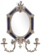 ANTIQUE ORMOLU BRASS WALL MIRROR WITH COBALT BLUE GLASS PANELS