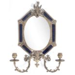 ANTIQUE ORMOLU BRASS WALL MIRROR WITH COBALT BLUE GLASS PANELS