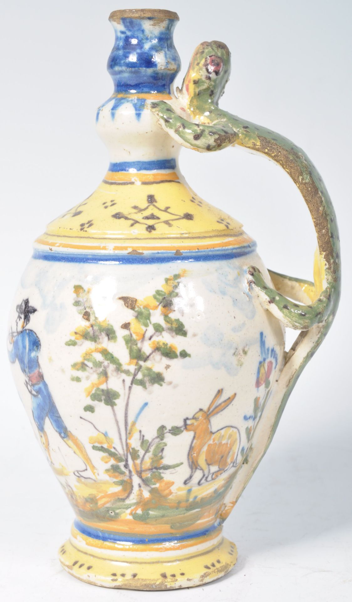 18TH CENTURY ANTIQUE FAIENCE VESSEL WITH LIZARD HANDLE