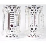 PAIR OF 19TH CENTURY WHITE AND DARK RED GLASS TABLE LUSTRES
