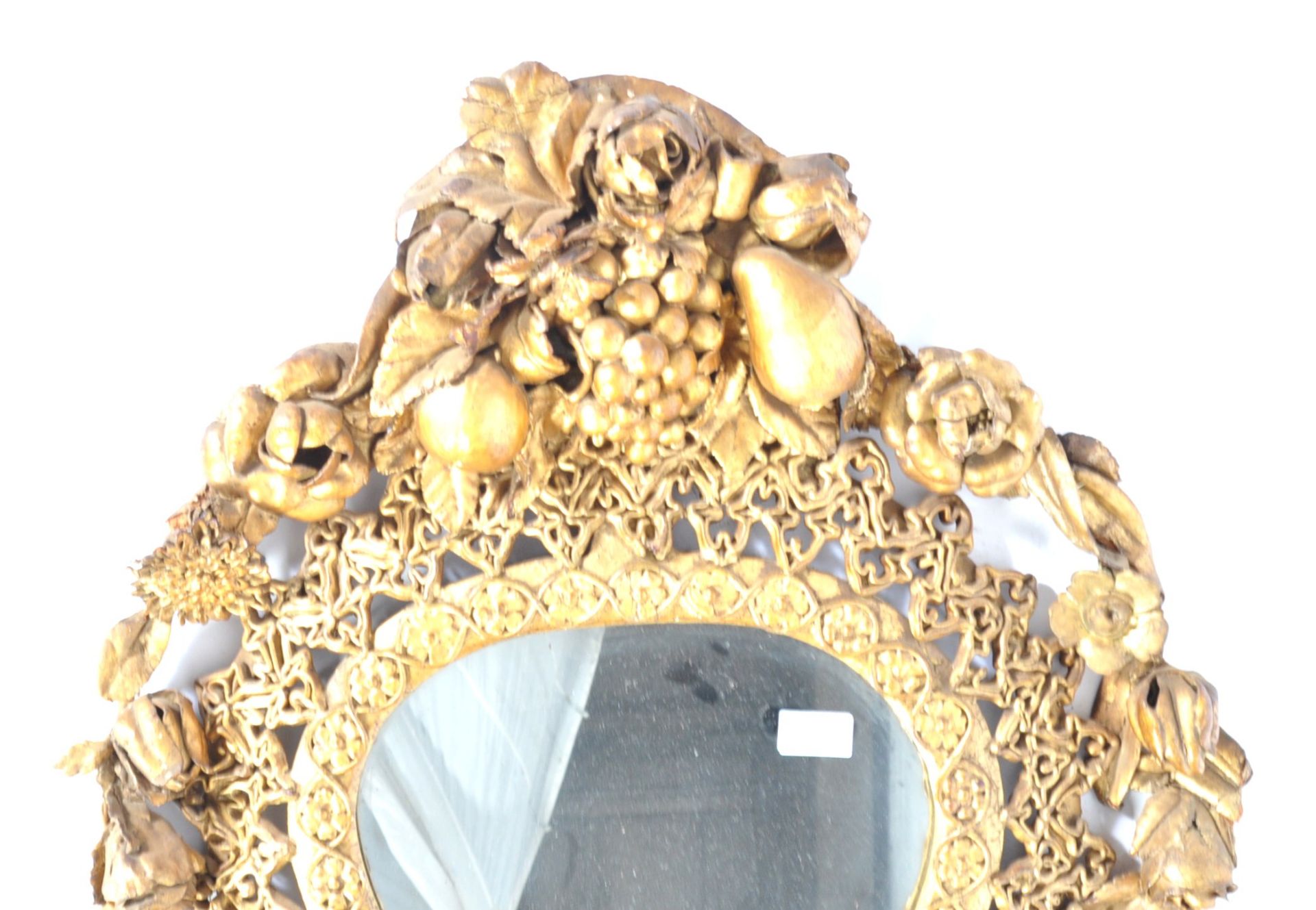 ANTIQUE LEATHER GILDED WALL MIRROR WITH TWIN CANDLE SCONCES. - Image 5 of 5