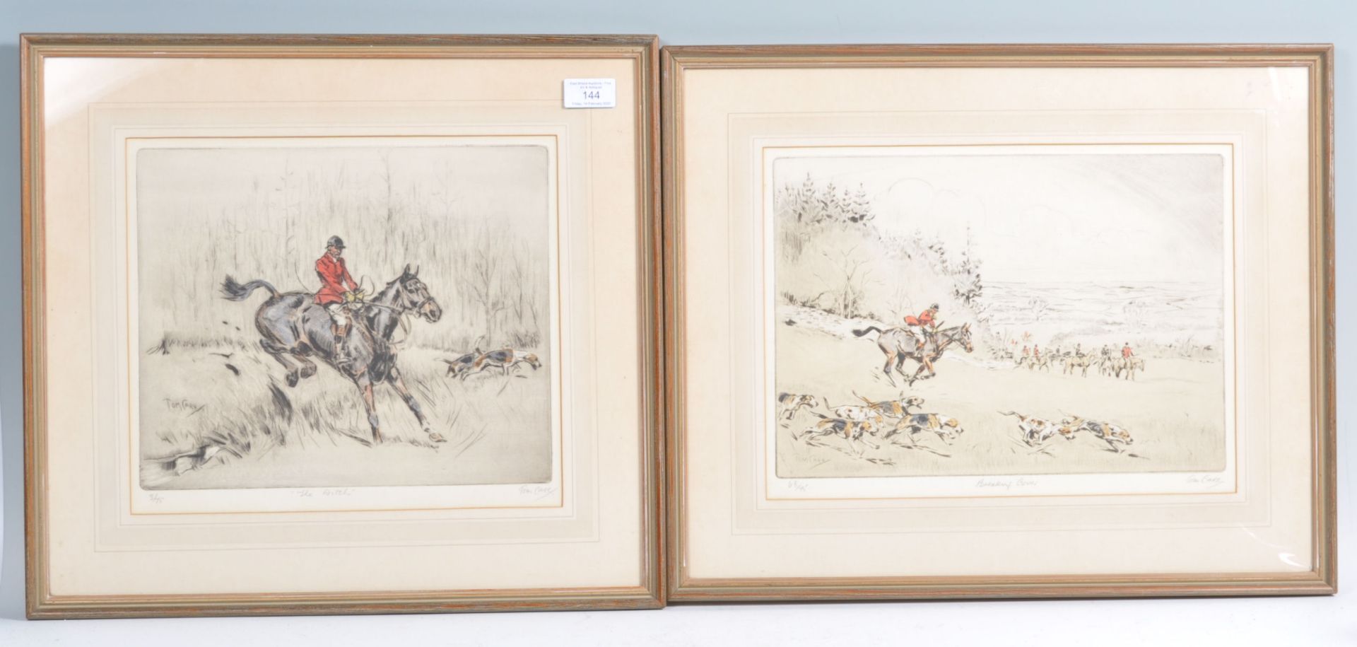 PAIR OF TOM CARR SIGNED DRYPOINT ETCHING OF HUNTING SCENES