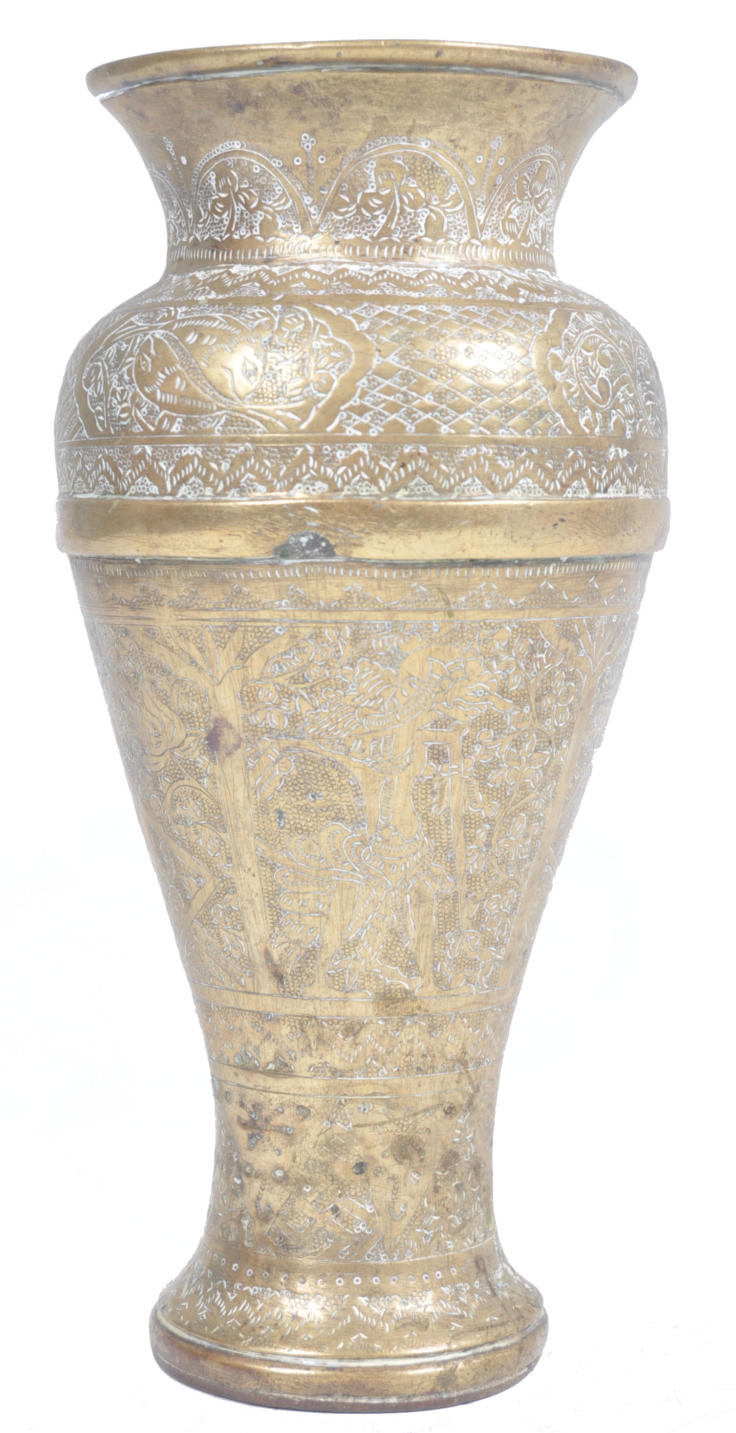 ANTIQUE INDIAN BRASS VASE OF TAPERING FORM WITH MASKED FIGURES