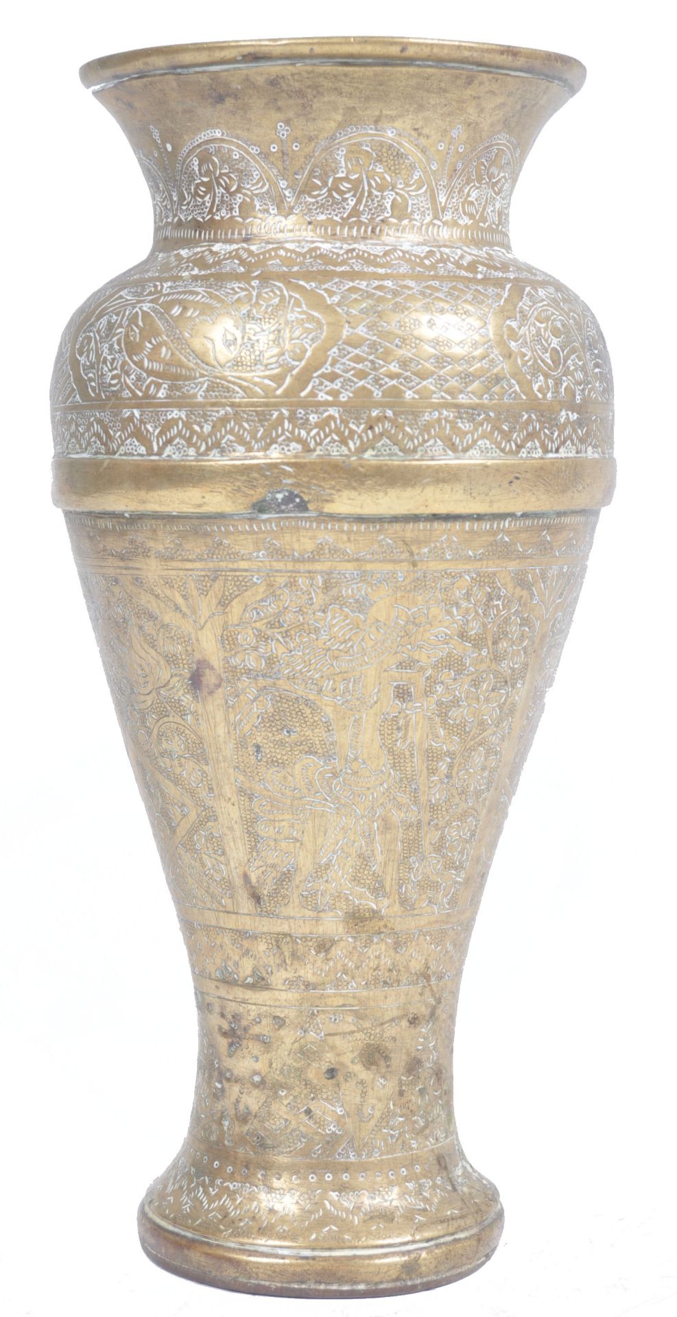 ANTIQUE INDIAN BRASS VASE OF TAPERING FORM WITH MASKED FIGURES