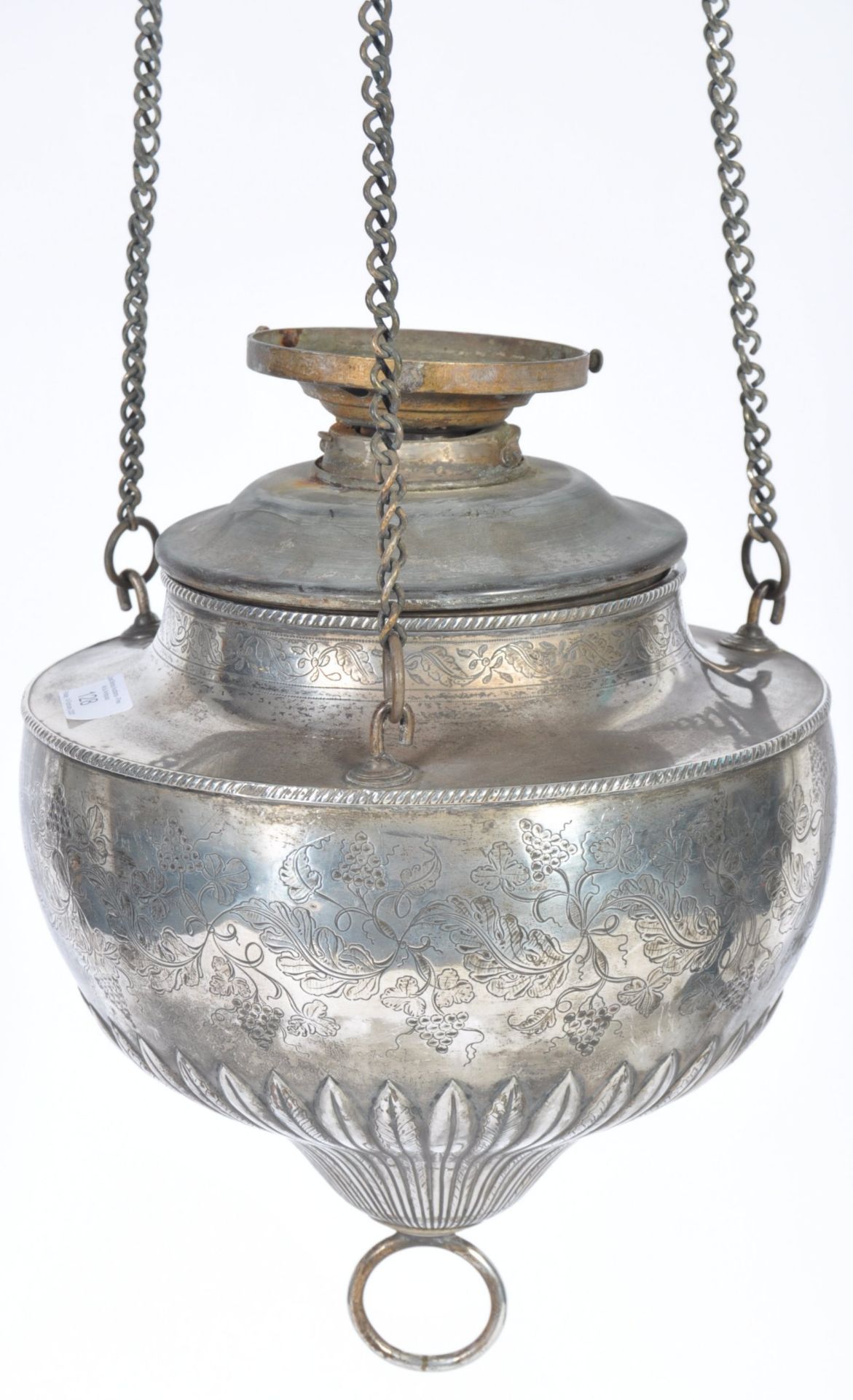 19TH CENTURY ECCLESIASTICAL SILVER PLATES VIGIL OIL LAMP. - Bild 2 aus 5