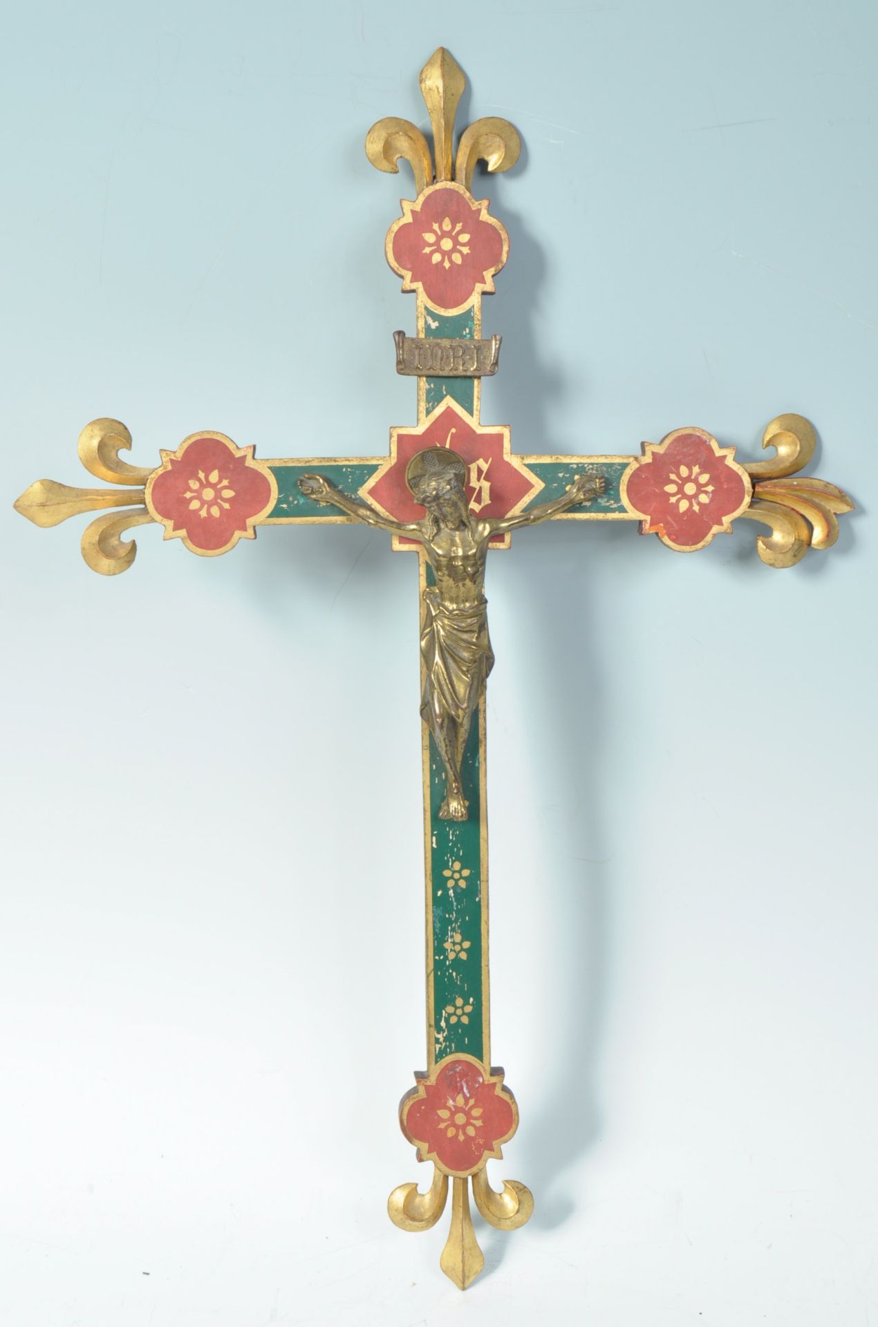 19TH CENTURY PUGIN MANNER WOODEN PAINTED CRUCIFIX