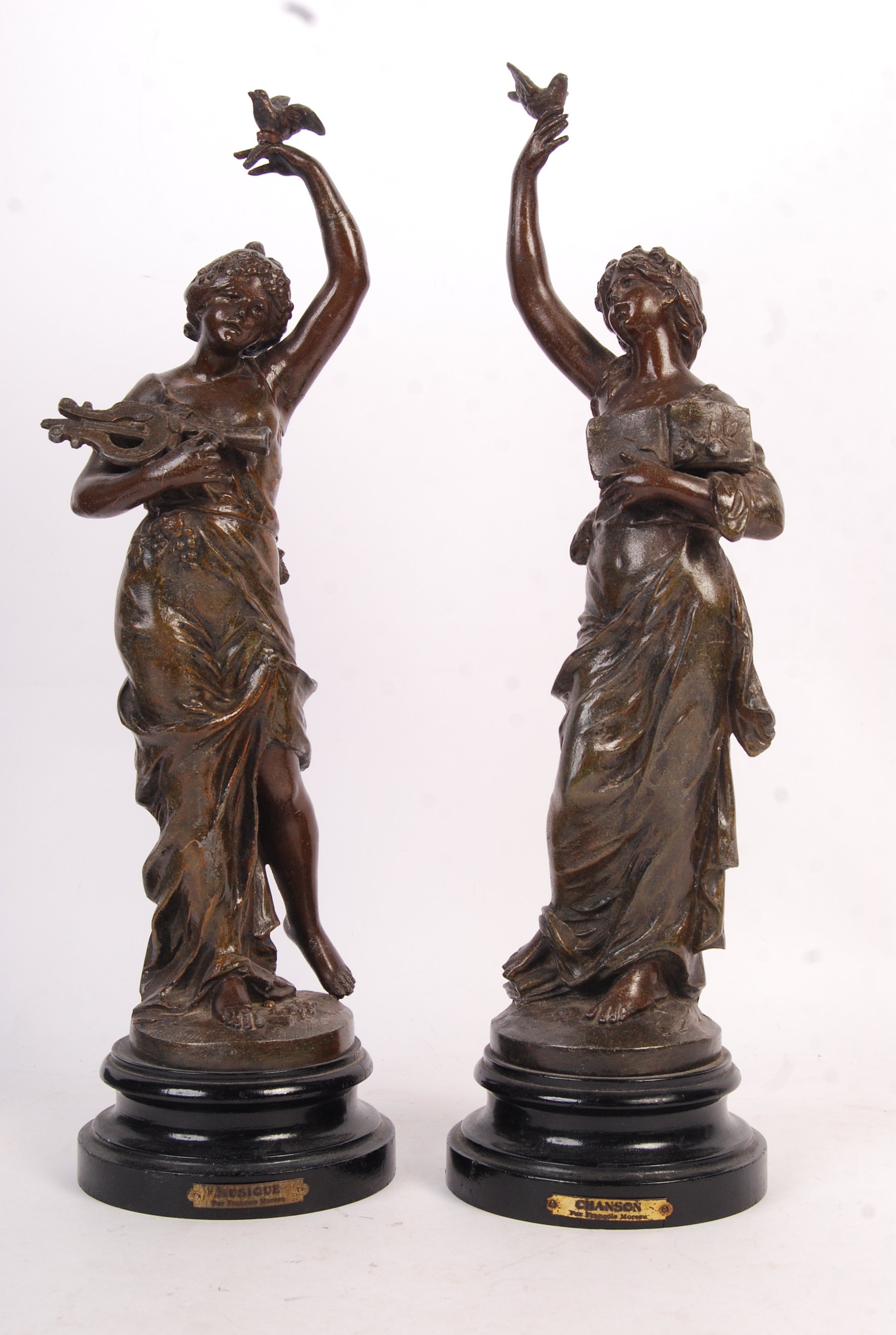 PAIR OF ANTIQUE FRANCOIS MOREAU SPELTER FIGURES