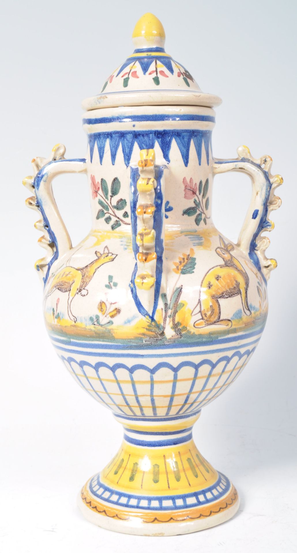 EARLY 19TH CENTURY ITALIAN FAIENCE FOUR HANDLED LIDDED POT