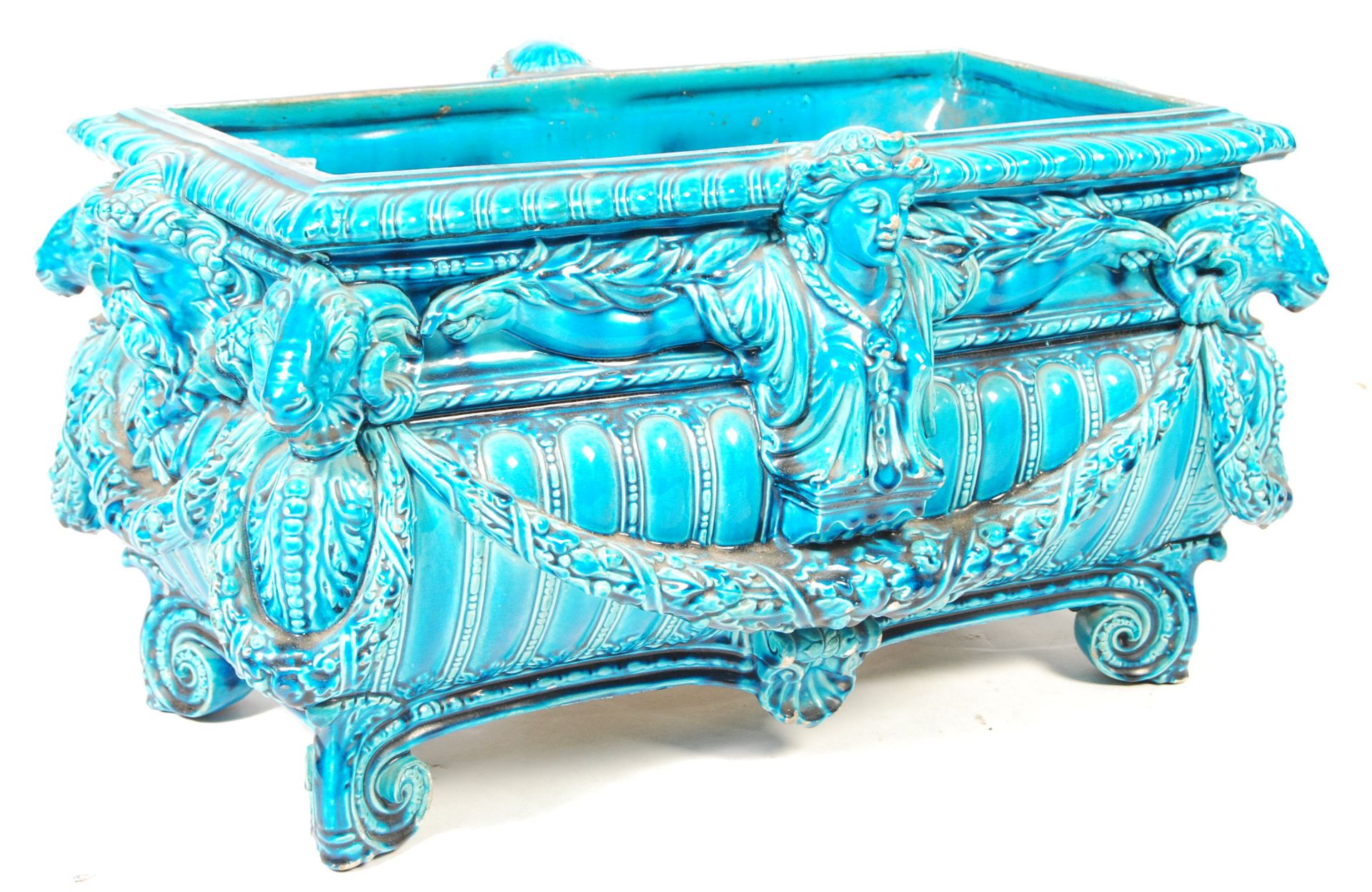 19TH CENTURY TURQUOISE MAJOLICA PLANTER JARDINIERE