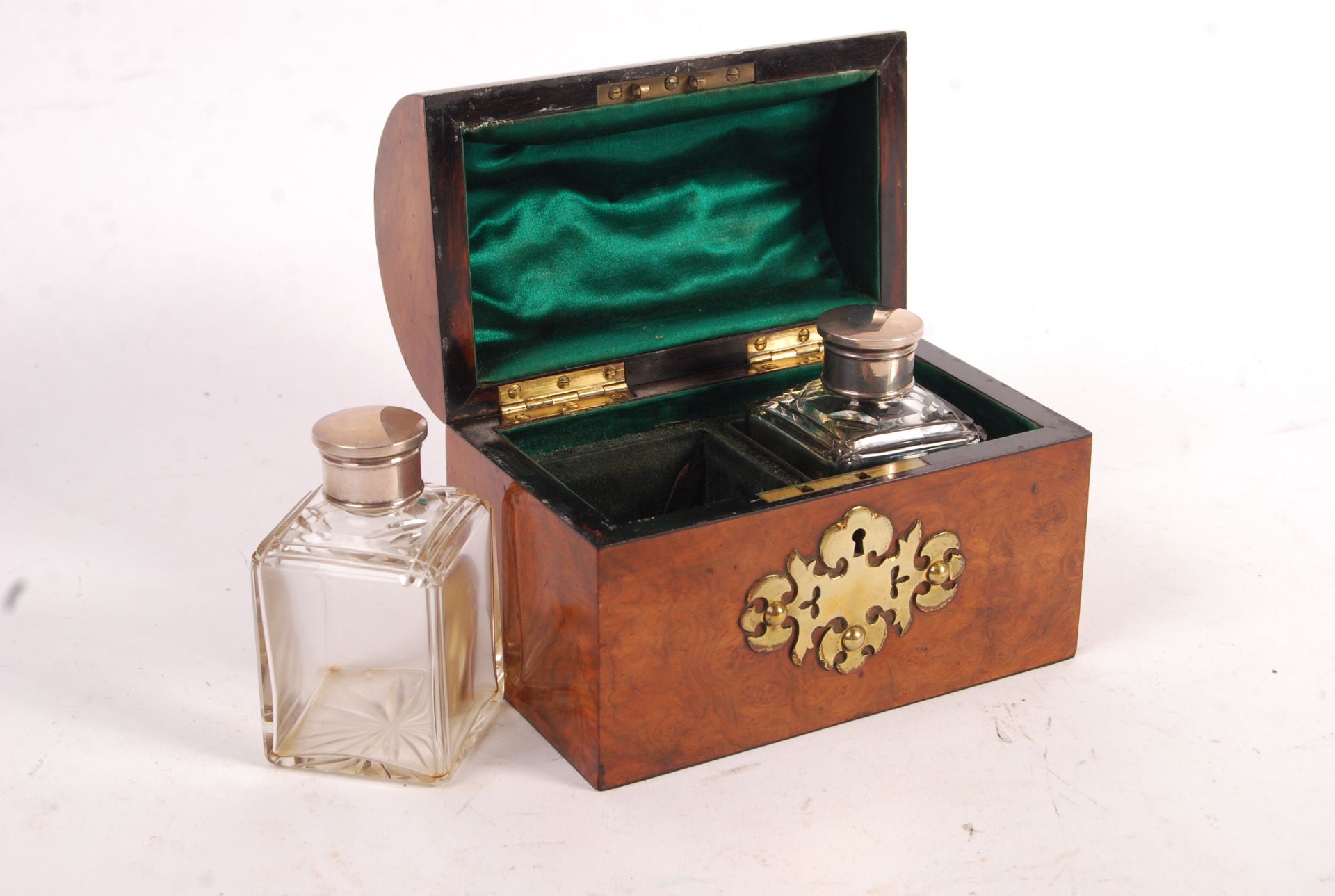 19TH CENTURY WALNUT DOMED TOPPED BOX WITH SCENT BOTTLES