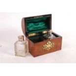 19TH CENTURY WALNUT DOMED TOPPED BOX WITH SCENT BOTTLES