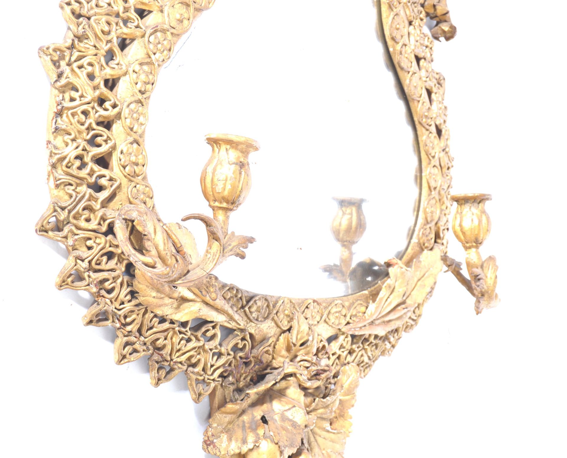 ANTIQUE LEATHER GILDED WALL MIRROR WITH TWIN CANDLE SCONCES. - Image 2 of 5