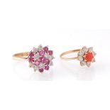 9CT CORAL AND WHITE STONE FLOWER RING / RUBY AND