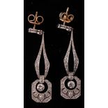 A Pair of Art Deco Platinum, Gold and Diamond Drop Earrings