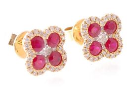 PAIR OF 18CT ROSE GOLD RUBY AND DIAMOND QUATREFOIL EARRINGS