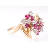 14CT YELLOW GOLD RUBY AND DIAMOND CHEVRON EMBELLISHED RING