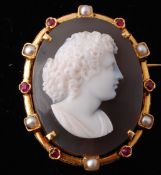 A 19th century French 18ct Gold Ruby & Pearl Agate Cameo Brooch