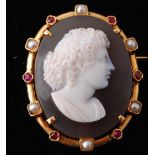 A 19th century French 18ct Gold Ruby & Pearl Agate Cameo Brooch