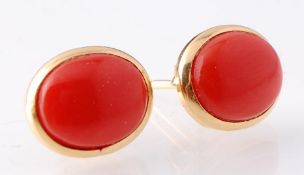 PAIR OF 18CT GOLD AND CORAL CABOCHON EARRINGS WITH POST BACKS