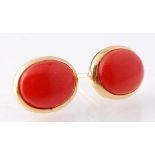 PAIR OF 18CT GOLD AND CORAL CABOCHON EARRINGS WITH POST BACKS