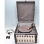 A vintage retro Deccalion portable record player being black leather cased. Labels to the inside no.