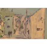 George Deakins (1911 - 1981) - A framed oil on board painting depicting the church steps at