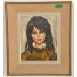 A vintage retro 20th Century oil on canvas portrait painting depicting a stylised girl with dark