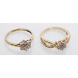 Two 9ct gold ladies diamond cluster rings to include one set with seven round cut diamonds (marked