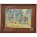 A 20th century Eastern, possibly Burmese Oil on canvas painting of elephants in forestation