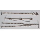 A silver hallmarked pocket watch chain with T bar and swivel clasps, a belcher link bracelet with