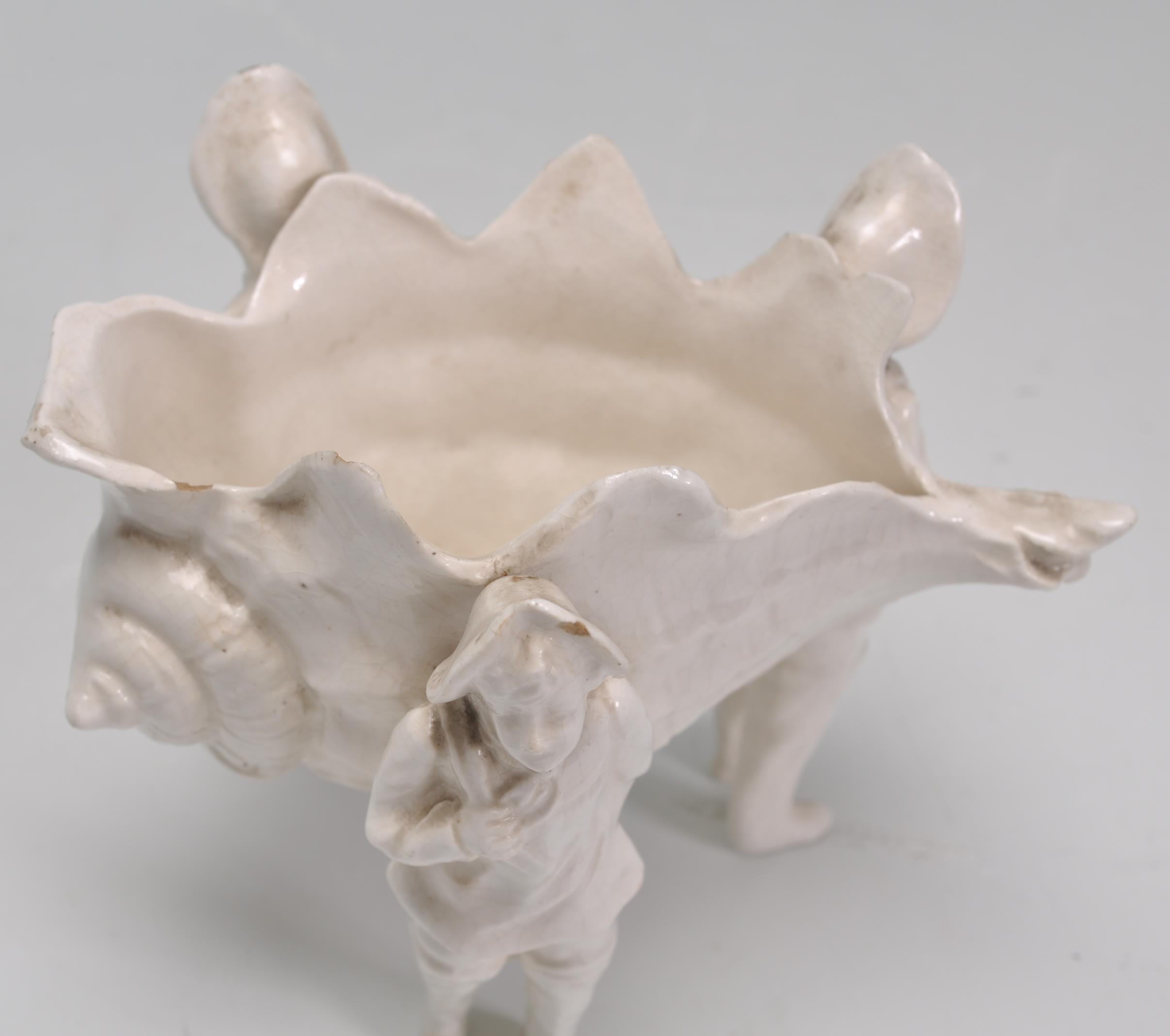 A 19th Century Continental pearlware ceramic table salt in the form of a conch shell supported by - Image 5 of 7
