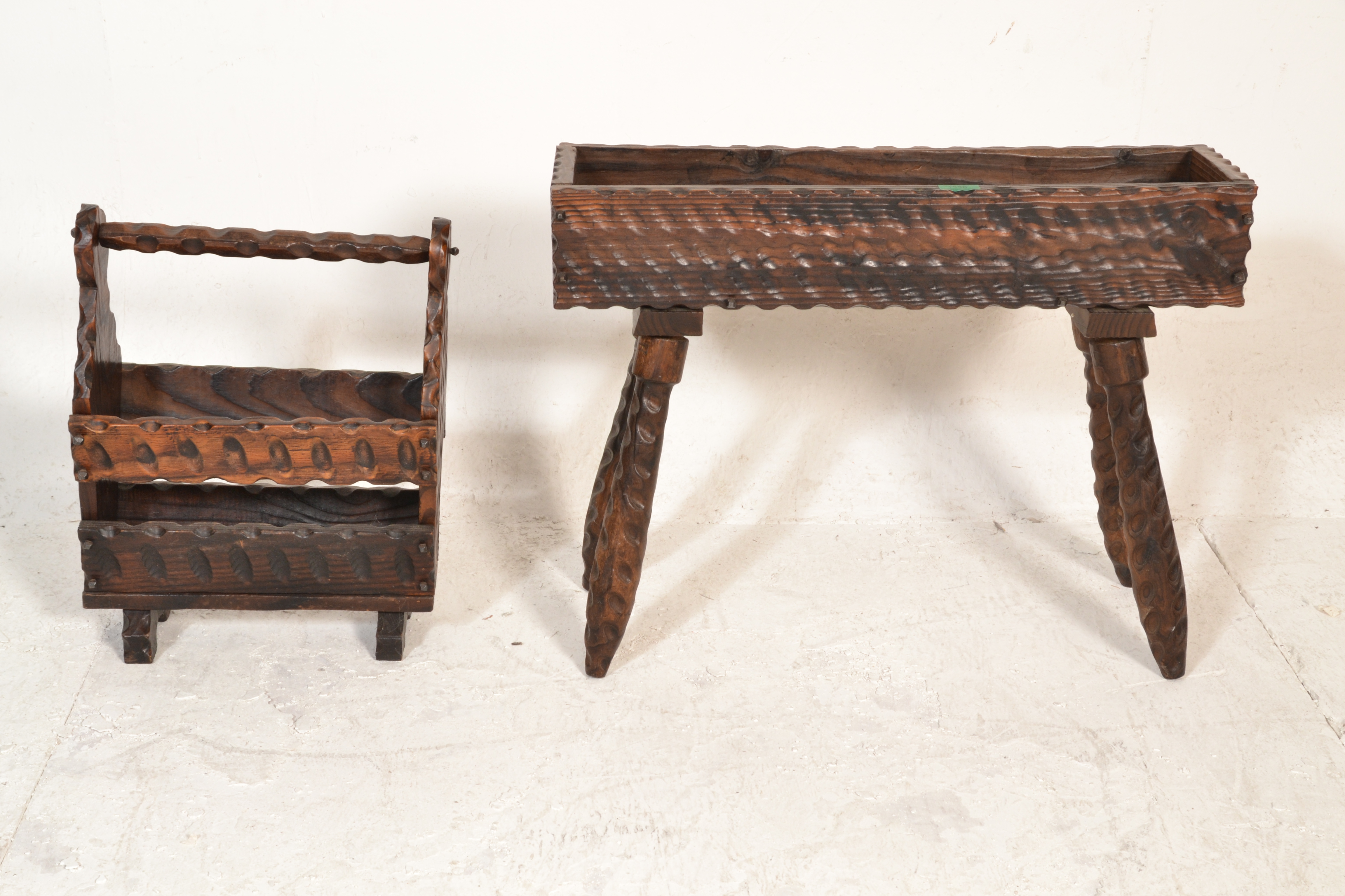 A rustic mid to early 20th century continental German black forest oak planter stand and magazine - Image 3 of 6