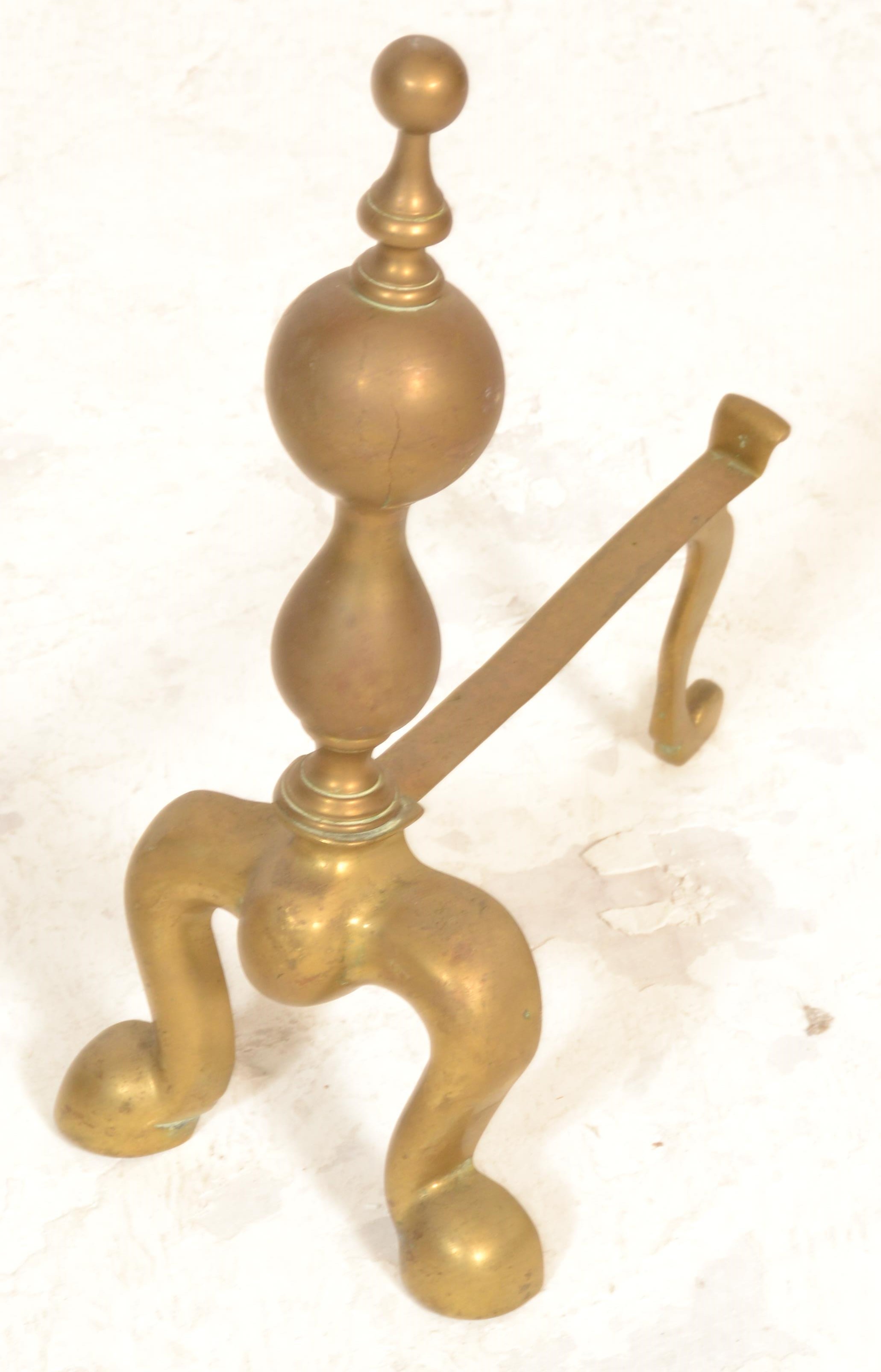 A 19th century Victorian brass fireside companion set comprising shovel, tongs and poker, all with - Image 3 of 5