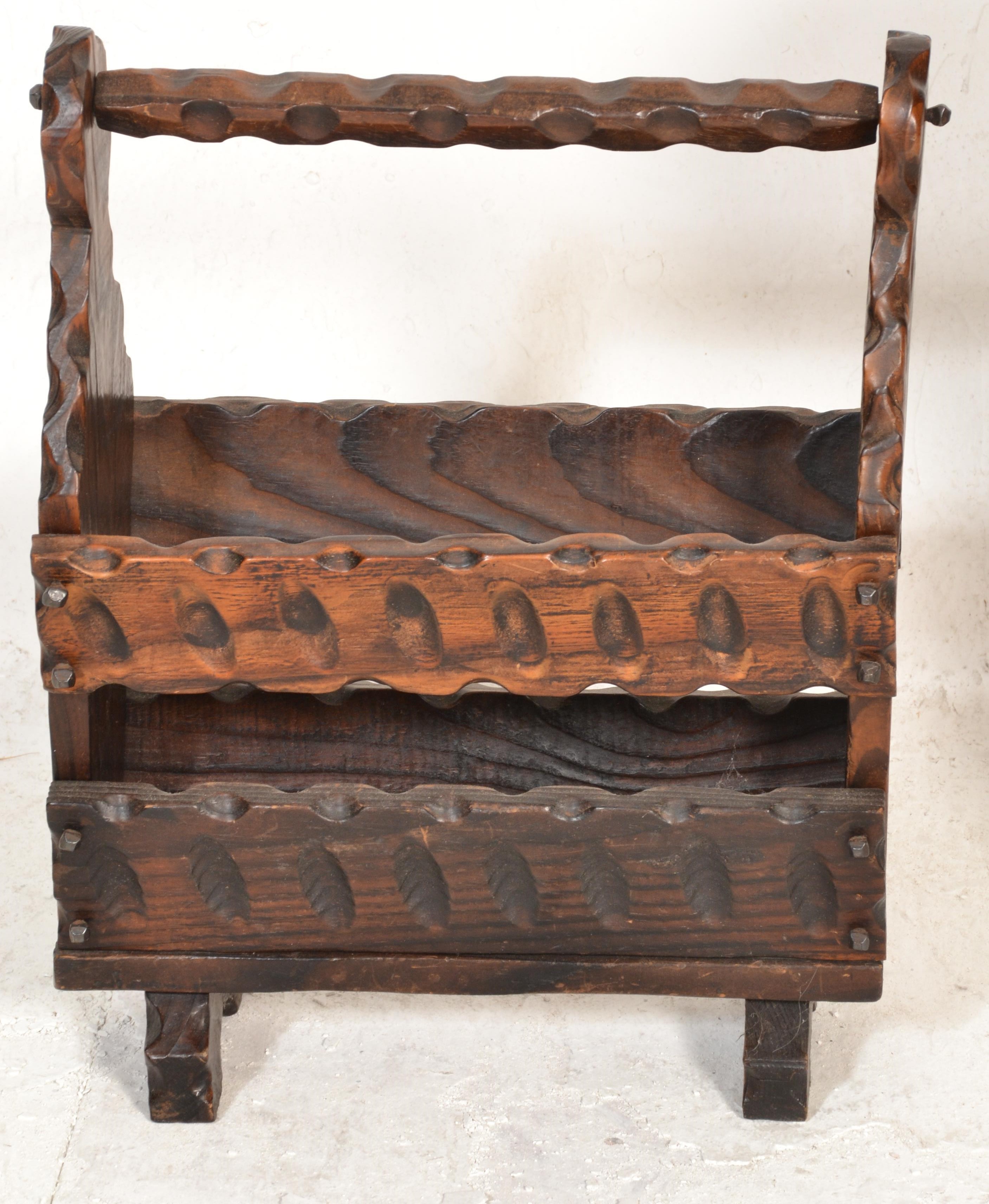 A rustic mid to early 20th century continental German black forest oak planter stand and magazine - Image 4 of 6