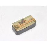 A 19th century George III papier mache snuff box of rectangular form being decorated with a hound