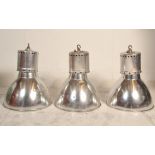 A set of 3 Industrial polished aluminium Factory pendant lights of UFO - space age form having