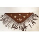 A 20th Century brown silk throw / shawl embroidered with flowers and other floral decoration
