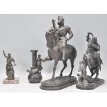 A 19th century Victorian spelter figurine of a soldier carrying a crossbow on horseback together