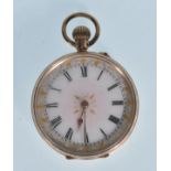 A 9ct yellow gold ladies open face pocket watch having a white enamelled face with Roman numeral