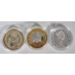A group of three silver commemorative proof coins to include a 2005 Trafalgar five pound coin, a