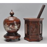 A mixed group of 20th Century Chinese wares to include a carved wood brush pot of hexagonal form